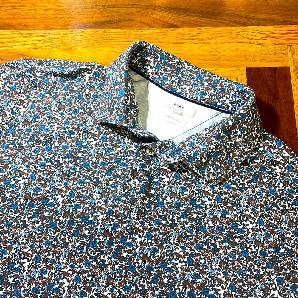 Brax mens XL blue floral pima cotton short sleeve polo shirt EUC